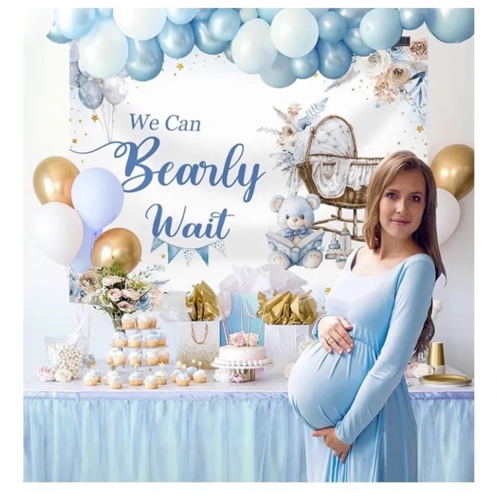 7x5ft Blue Bear Baby Shower Backdrop, We Can Bearly Wait Baby.NEW SEALED PACKAGE